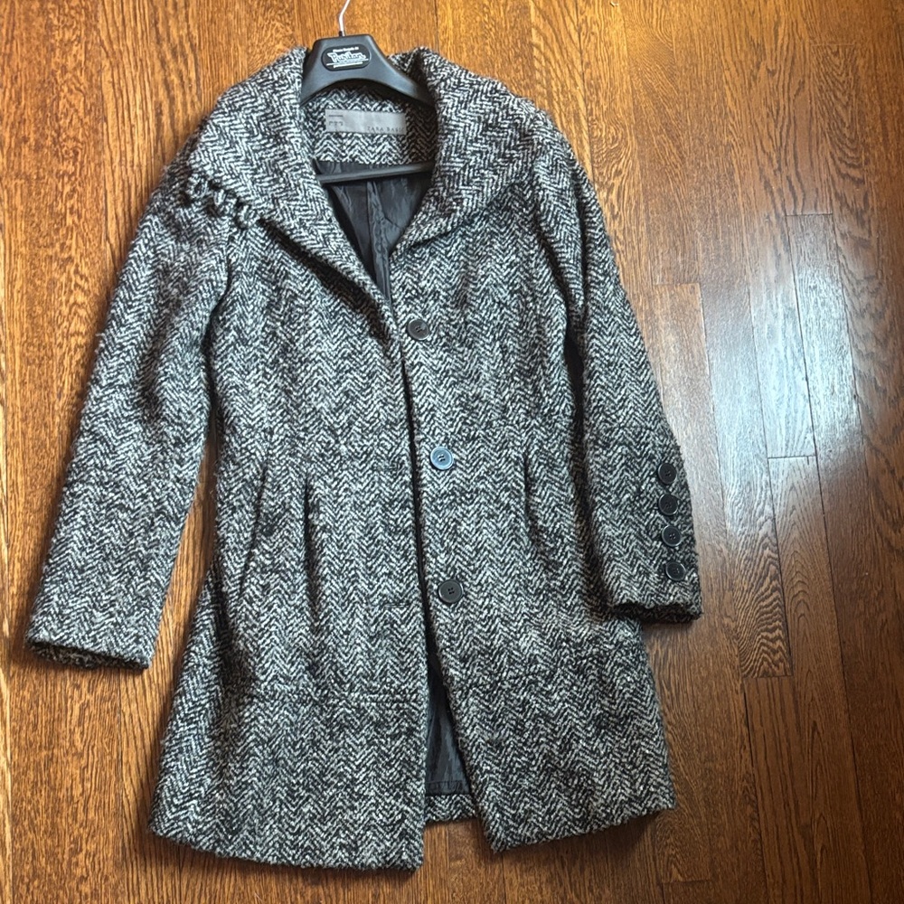 Zara Black and White Herringbone Trench Coat